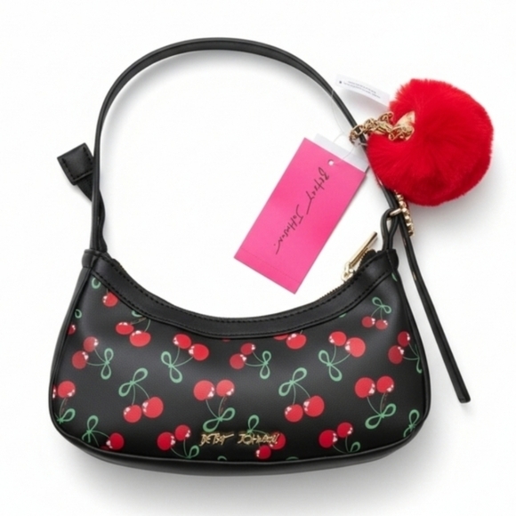 Betsey Johnson BLACK Cherry Bow Bag & Plush Bag Charm Hearts Locket NEW NWT - Picture 2 of 8
